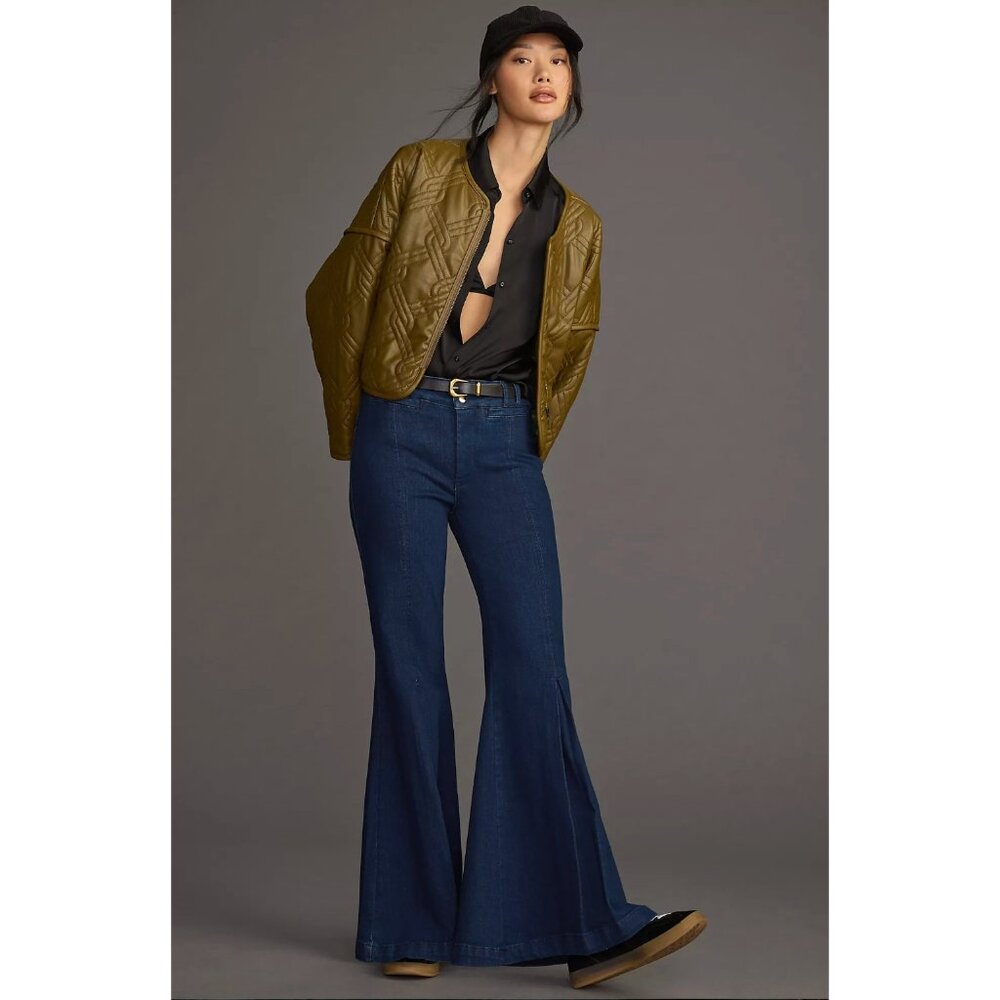 Anthropologie Maeve Flirty High Rise Wide Flare Jeans Dark Blue Wash NWOT 31